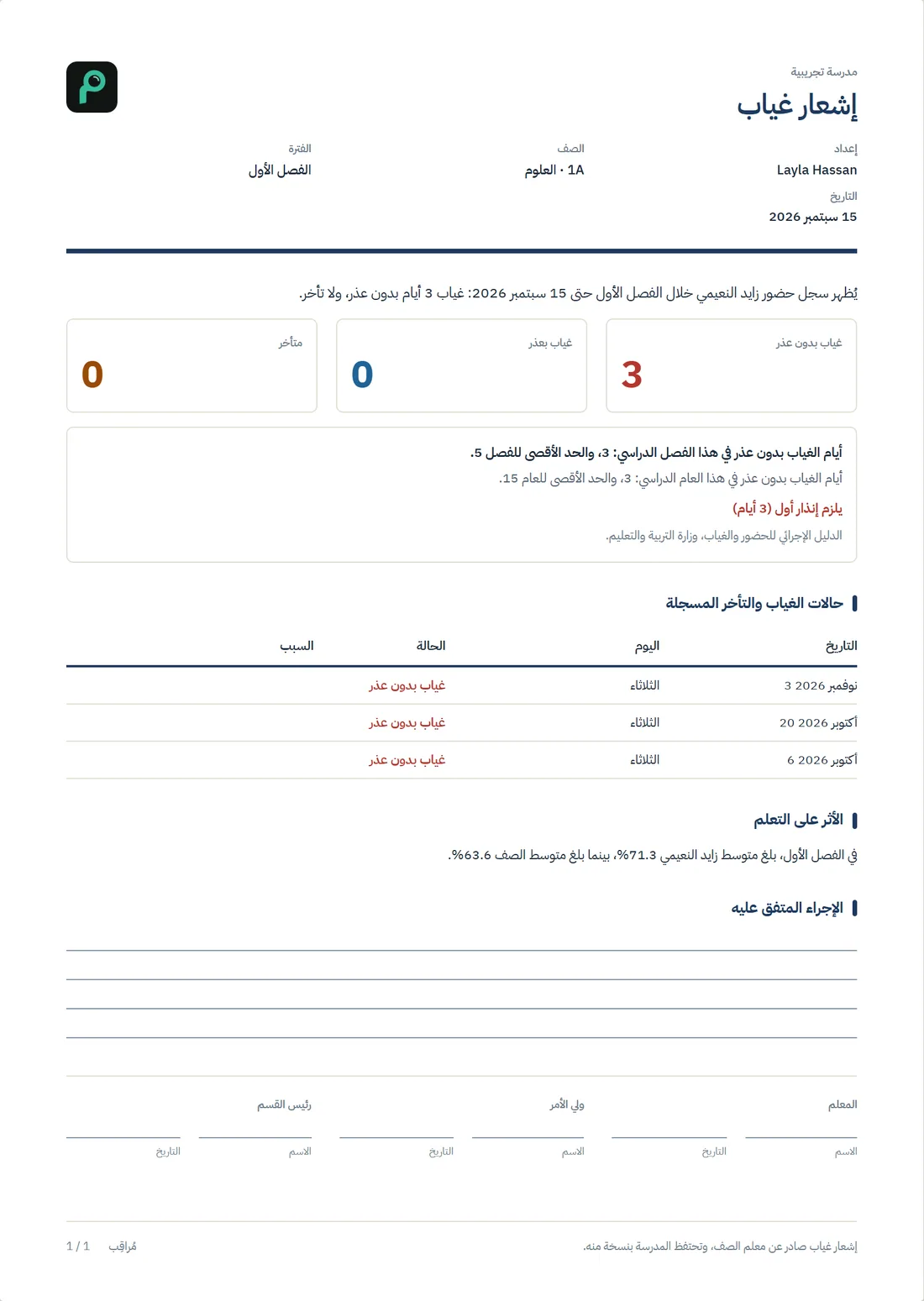 إشعار غياب مطبوع من مُراقِب، فيه الأعداد والحدود والإنذار المستحق والسجل المؤرّخ.
