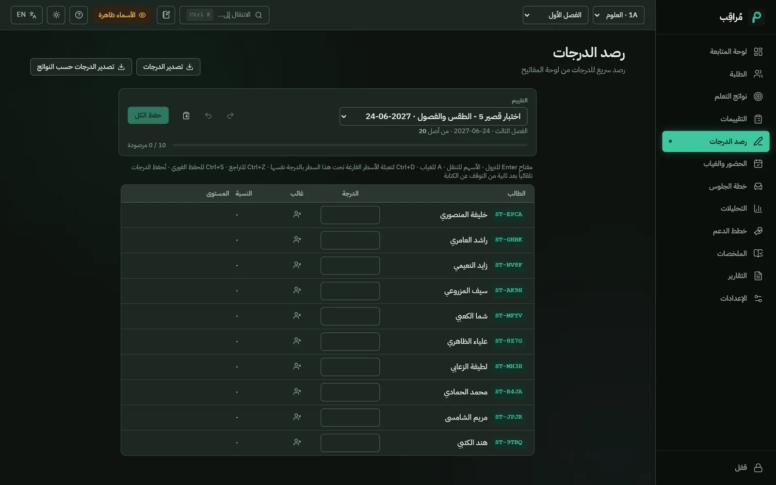 جدول رصد الدرجات في مُراقِب للاختبار القصير 5، قبل إدخال أي درجة.